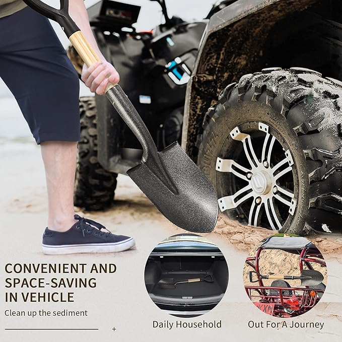 Shovel for Digging 28 In Small Round Shovel with D Handle Kids Metal Beach Shovel，Camp Shovel ，Garden Shovel ,Gardening Tools Wooden Handel, Yellow Wood, 28In