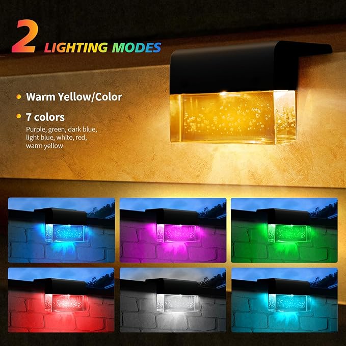 SUNFACE 8 Pack Solar Step Lights, 2 Modes - Acrylic Bubbles LED Super Bright Waterproof Solar Deck Fence Step Pool Backyard Decor (Warm White/7 Color)