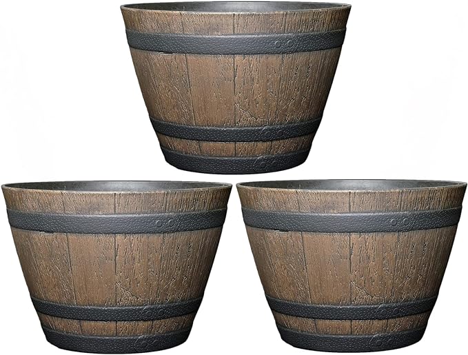 Classic Home and Garden Whiskey Plastic Resin Flower Pot Barrel Planter, Walnut Brown, 15" (Pack of 3)
