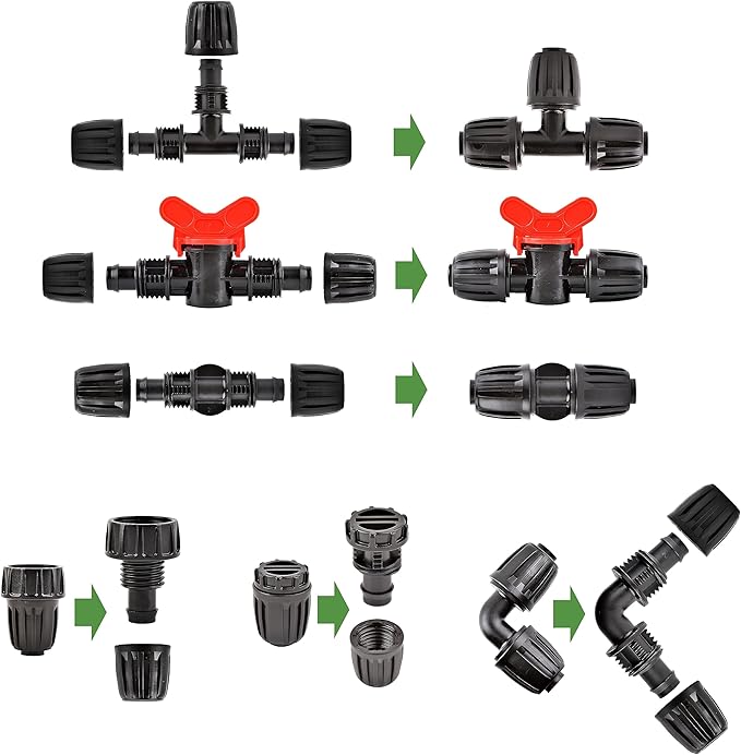 Drip Irrigation Fittings Kit Connectors for 1/2 Inch Tubing, Irrigation Tubing Fitting, Lock Caps Barbed Connectors - 2 Switch Valves,4 Couplings,4 Tee,2 End Plugs,2 Elbows,2 Thread Adapters
