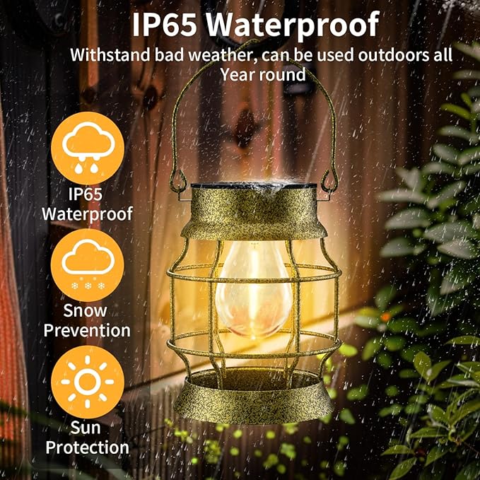 Solar Lantern 2 Pack Solar Outdoor Lights Metal Hanging Lights for Outside Waterproof Retro Design with Edison Bulb Decorative for Patio Porch Fence Garden Lawn