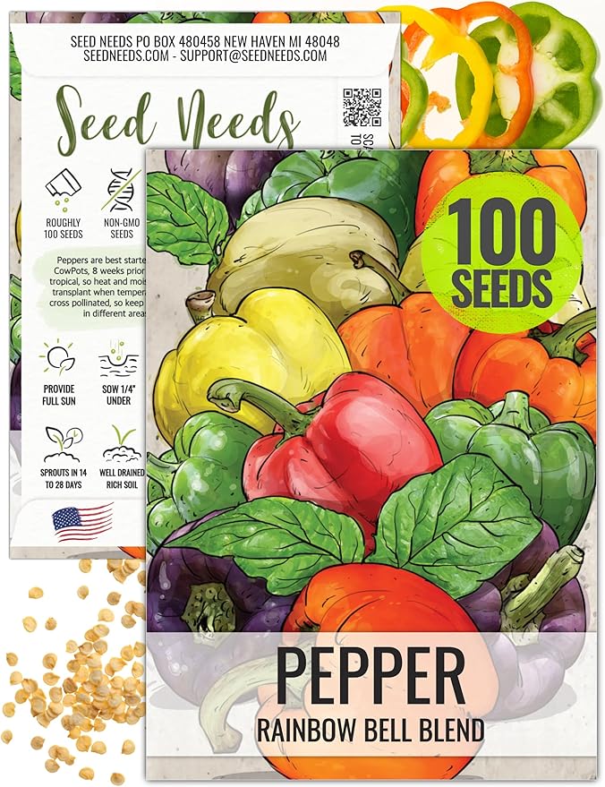 Seed Needs Rainbow Bell Pepper Seeds for Planting - Non-GMO, Heirloom & Untreated - Organically Grow a Home Grown Garden Outdoors for Healthy Vegetables (1 Pack)