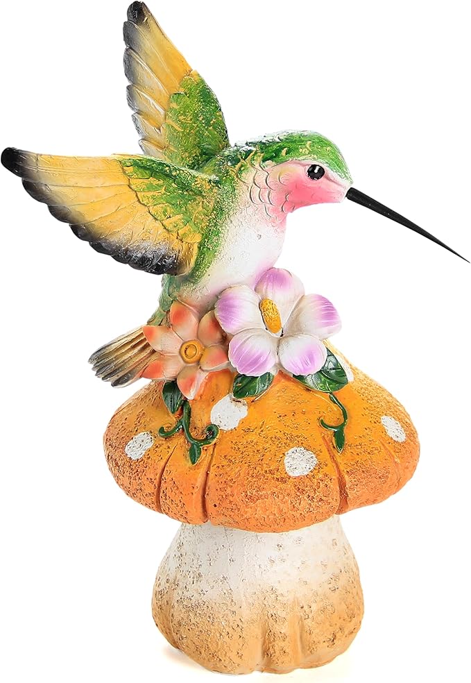 Hummingbird Stand on Mushroom for Garden Decorations,Hummingbird Statue for Outdoor Backyard Yard Porch Patio Lawn Outside Indoor Home Shelf Decor Accents,Bird Sculpture Figurine