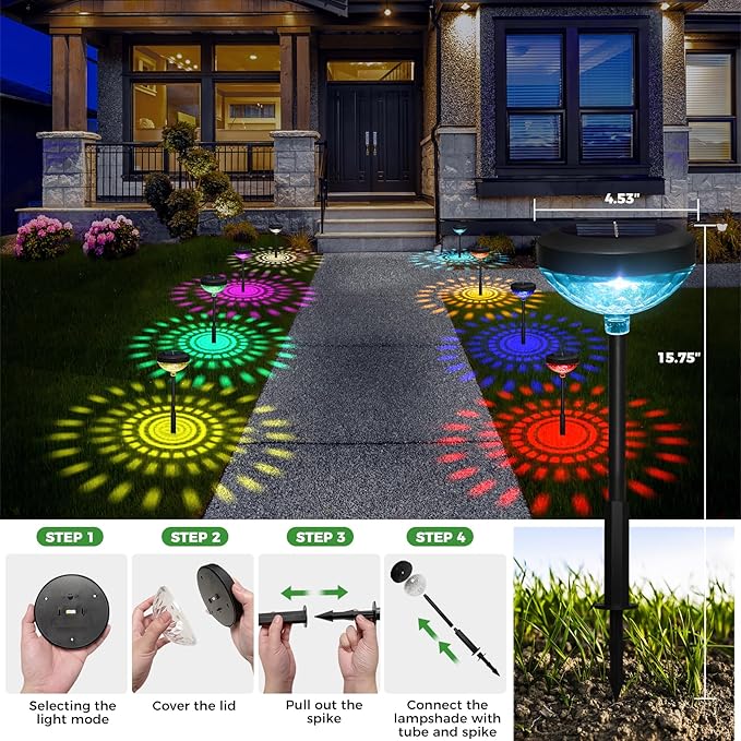 pearlstar Solar Pathway Lights 6 Pack,Outdoor Solar Garden Lights,RGB Color Changing+Warm White,IP65 Waterproof,Solar Powered Garden Light for Walkway Yard Backyard Lawn Landscape Decor