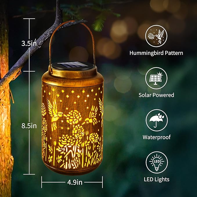 ODEETRONIC Hummingbird Solar Lantern Lights - Outdoor Waterproof Hanging Lanterns, Solar Garden Lights Birthday Gifts for Women Mom Grandma, Metal Hummingbird LED Lanterns for Garden Yard Patio Decor