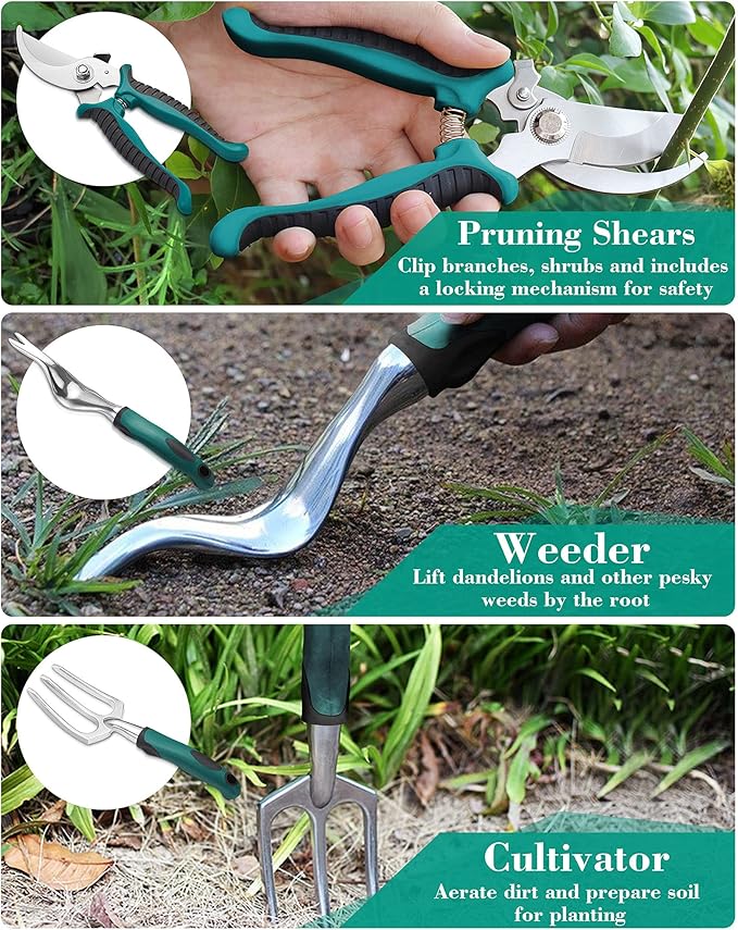 FiveJoy Garden Tool Set, 11 Piece Aluminum Alloy Hand Tool Starter Kit with Garden Bag, Outdoor Tool, Heavy Duty Gardening Work Set with Ergonomic Handle, Gardening Tools