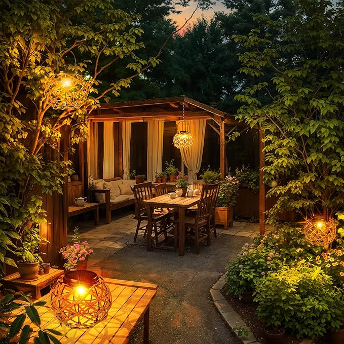 JSOT Solar Lantern - 2 Pack Hemp Rope Hanging Lights Outdoor Lanterns Wall Lanterns Hanging Solar Lamps for Front Porch Patio and Yard