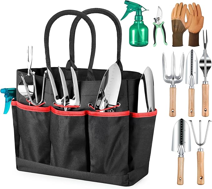 Gardening Tools 9-Piece Heavy Duty Gardening Hand Tools with Fashion and Durable Garden Tools Organizer Handbag,Rust-Proof Garden Tool Set, Ideal Gardening Gifts for Women (Black Red)