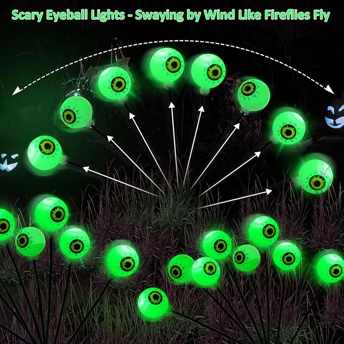 Halloween Decorations Outdoor Lights - 4 Pack 32LED Solar Halloween Scary Eyeball Pathway Lights Swaying by Wind, Waterproof Solar Halloween Stake Lights for Garden Porch Lawn Pathway (Green)