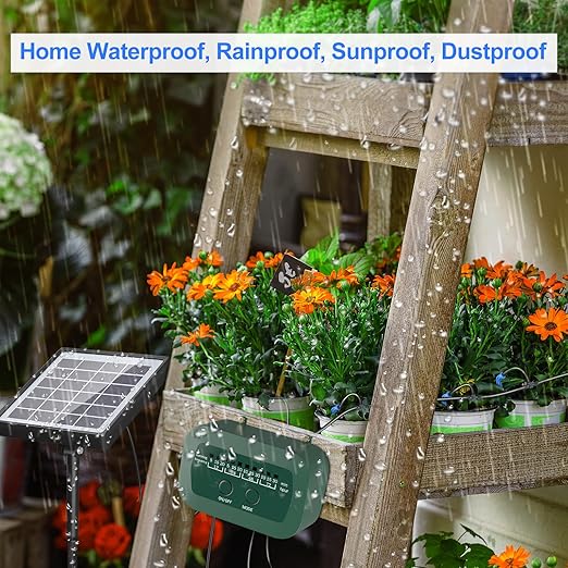 PChero Solar Automatic Drip Irrigation Kit, Solar Powered Auto Watering System with 12 Timer Modes for Indoor Balcony Outdoor Garden Greenhouse, Supported 15 Pots Plants