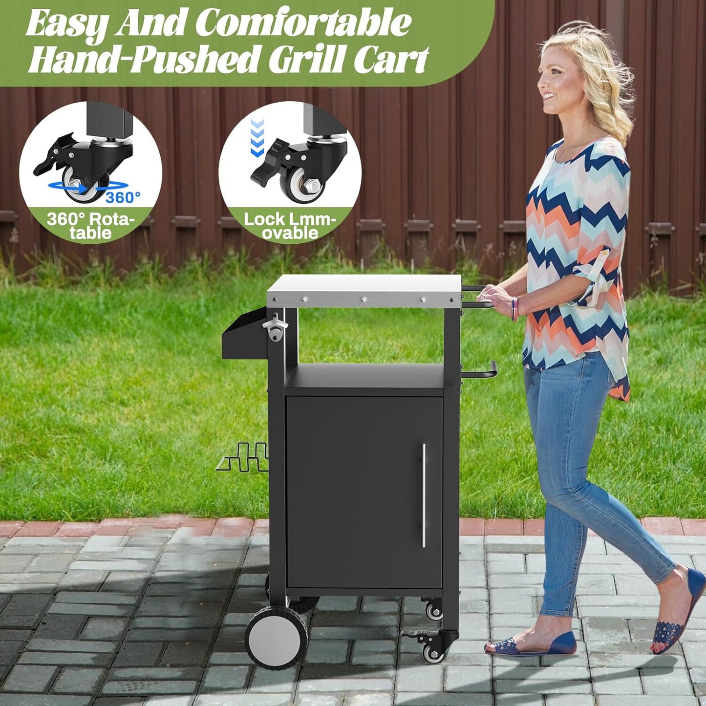 Outdoor Grill Cart with Patio Furniture, Outdoor Grill Table with Storage,Rolling Bar Cart Outdoor BBQ Cart with Hooks and Spice Rack for Grilling Accessories(Single Door, Black)