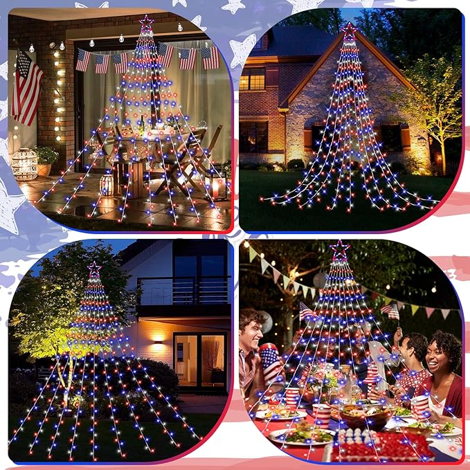 4th of July Decorations Lights, Red White Blue String Lights 320 LED 11.5 Ft Flag Stars Patriotic Light with Big Star Topper Waterproof 8 Light Modes for Indoor Outdoor Memorial Day Independence Day