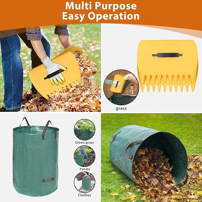 Rake, Garden Leaf Rake Set, 78 Inch Long 18 Inch Wide Heavy Duty Leaf Rake with 25 Metal Tines, 32 Gallon Leaf Bags, Leaf Scoops, Yard Garden Thatching Rake for Leaves with Adjustable Handle