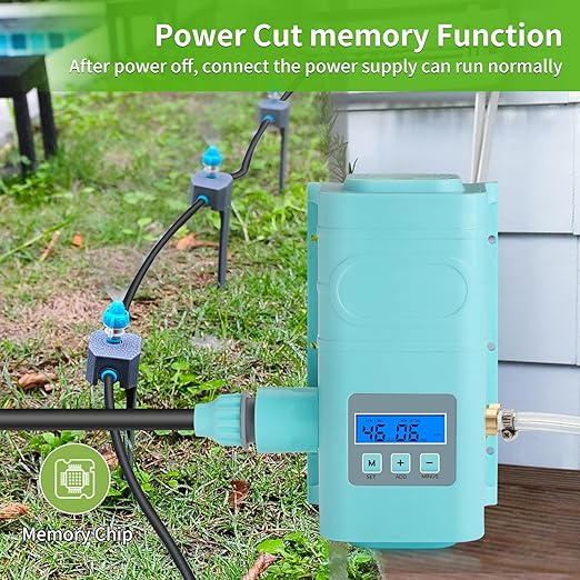 Automatic drip Irrigation Sprinkler kit, LCD Display, Supporting 15 nozzles, with Multiple Installation Methods for nozzles, Automatic Watering System for Plants,with Digital Programmable Water Timer