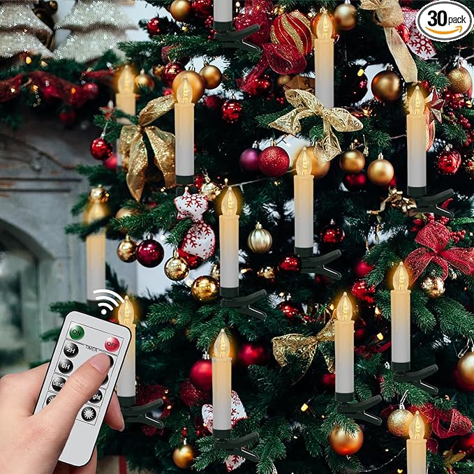 DRomance Christmas Tree Flameless Taper Candle Lights Battery Operated with 10-Key Remote and Timer, 30 Pack Plastic 3D Wick Flickering LED Taper Candles Multi-Using Home Garden Holiday Decor 3.4"