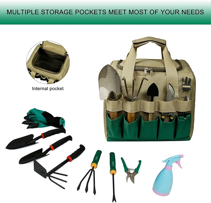 Folding Gardening Stool with Detachable Storage Tote Bag, Multifunctional Gardening Tools Set Organizer for Fishing and Camping,Portable Garden Chair Seat for Adults (Green+Khaki)