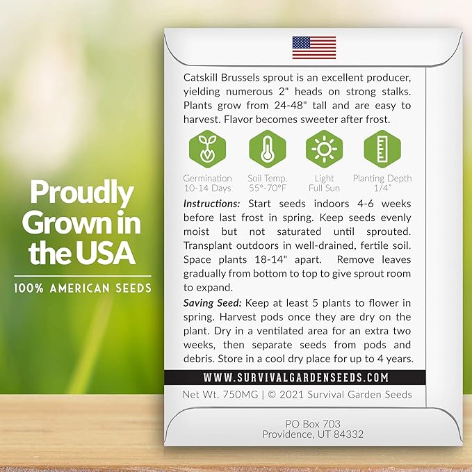 Survival Garden Seeds - Catskill Brussels Sprouts Seed for Planting - 2 Packs with Instructions to Plant and Grow Tasty Cruciferous Vegetables in Your Home Vegetable Garden - Non-GMO Heirloom Variety