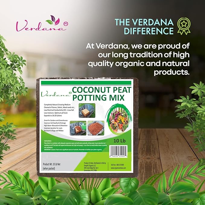 Verdana Coco Coir Brick Potting Mix - 10 Lb Compressed Block – Coconut Fiber, Coco Peat, Coir Pith - Alternative to Peat Moss – Soilless Growing Medium - Low EC, Optimum pH, High Expansion