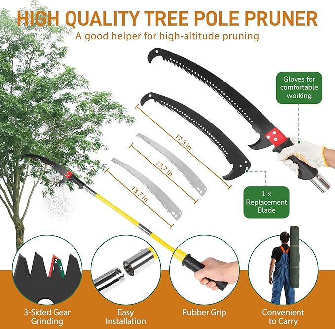 Outvita Manual Pole Saw, 26 Feet Extendable Tree Pruner with Knives and Storage Pocket, Sharp Steel Blade and Scissors High Branches Trimming for Pruning Palms and Shrubs（Yellow）