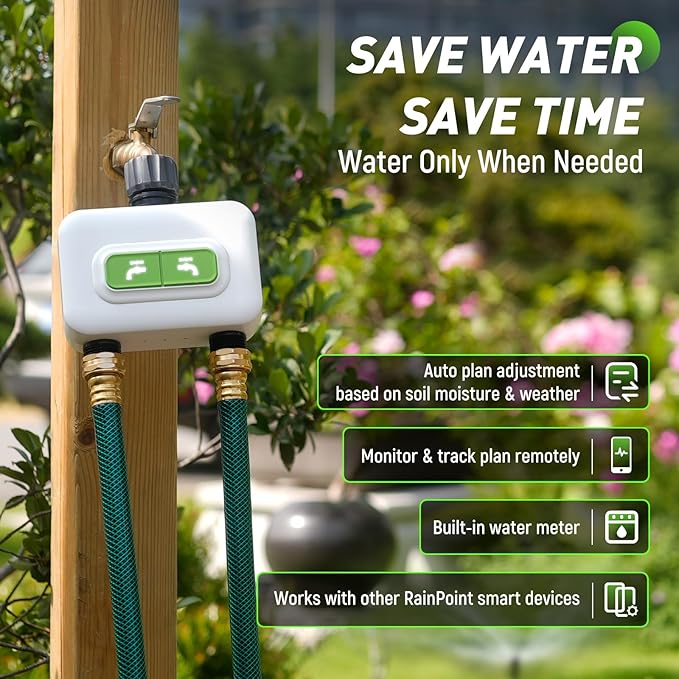 RainPoint 2-zone Wireless Smart Water Timer with Hub for Outdoor Irrigation Rain Delay, APP Remote Control WiFi Watering Timer for Garden Faucet with 2 Outlets Automatic Schedules for Lawn,Garden,Yard