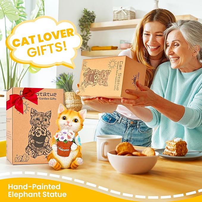 GIGALUMI Solar Garden Decor Flower Pot Cat Statues Outdoor, Birthday Gifts for Women, Gifts for Mom Grandma Senior Elder, Cat Ornament for Balcony, Garden, Patio, Yard, Lawn