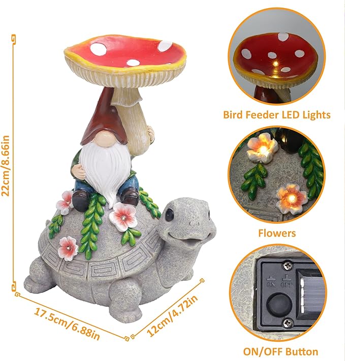 Turtle Garden Statue with Mushroom Bird Bath Outdoor Decor, Gnome Bird Feeder with Solar LED Light Waterproof for Yard Lawn Outdoor Decorations, Easter Gifts to Women Birthday Mother's Day