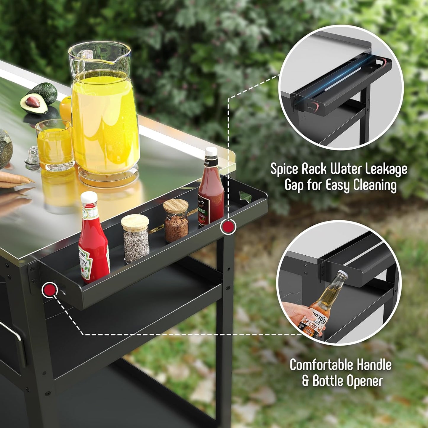 31.5"x18" Outdoor Grill Cart with Stainless Steel Tabletop, Movable Grill Table with Seasoning Rack & Magnetic Tools Holder, Backyard BBQ Kitchen Food Prep Table for Portable Grill & Pizza Oven
