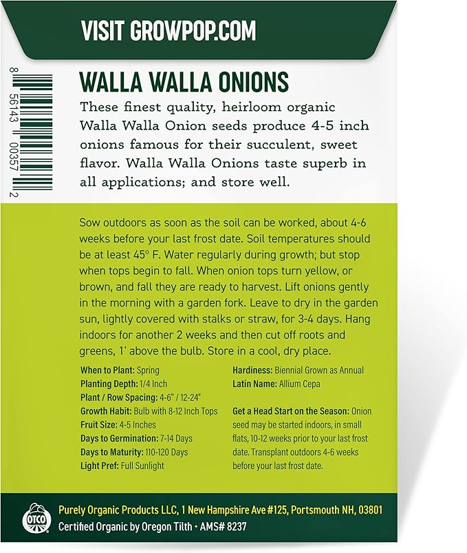 Organic Onion Seeds (Walla Walla) - Approx 200 Seeds - USDA Organic, Non-GMO, Open Pollinated, Heirloom, USA Origin