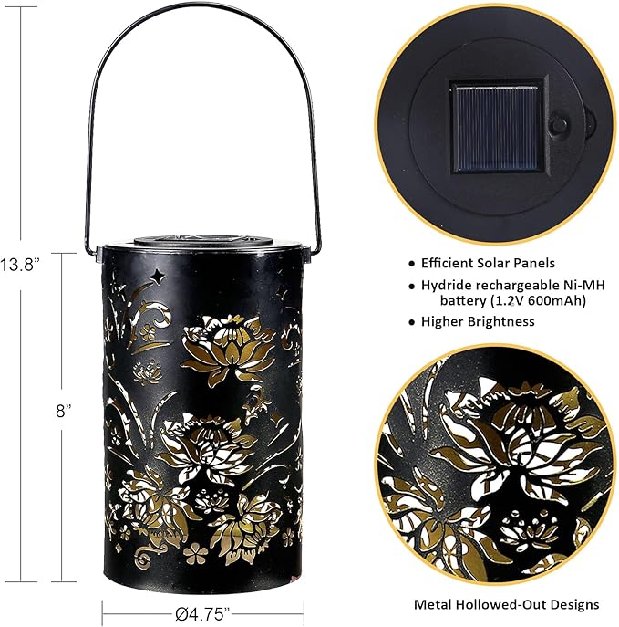 Solar Lanterns Outdoor Hanging Waterproof Metal Lotus Pattern Lanterns for Garden Patio Yard Lawn Front Porch Decor as Birthday Gifts for Mom Grandma Women