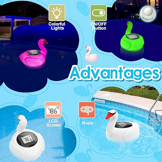 KingSom Digital Pool Thermometer,Solar Pool Thermometer Floating Easy Read with Color Changing Swan Light,Floating Pool Thermometer with Large LCD Screen and String,Pond Water Temperature Thermometer