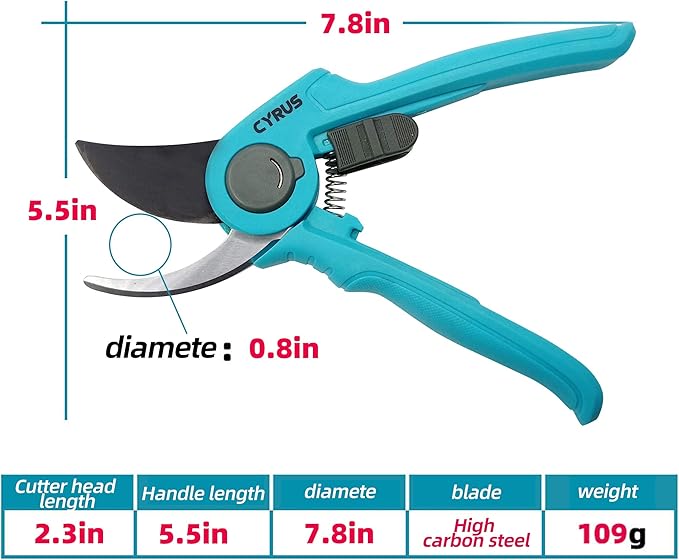 8” Pruning Shears for Gardening Stainless Steel Gardening Hand Pruner, Bypass Pruning Shears Steel Blades with Adjustable Up to 3/4" Cut, Non-stick Coating