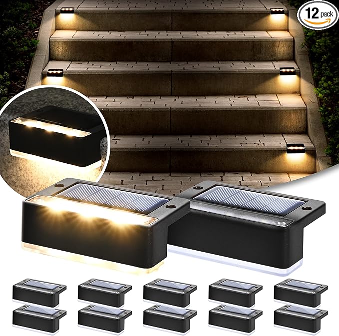 SOLPEX Solar Fence Lights, 6 LEDs Solar Lights Outdoor Waterproof Solar Powered for Deck, Stair, Front Porch, Balcony, Walkway, Garden, Yard, Patio, Pool Decor, IP65 Waterproof (12 Pack, Warm White)