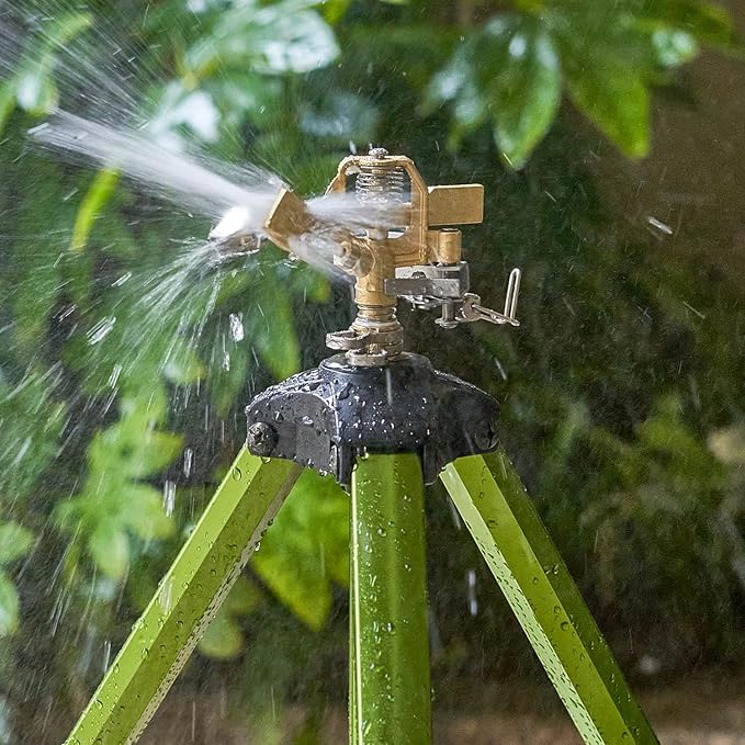 Tripod Sprinklers for Yard,Nalupatio Impact Sprinkler on Tripod Base,Heavy Duty Brass Sprinklers,360 Degree Large Area Irrigation,3/4 Inch Connector Sprinkler with Legs Flip Locks for Lawn/Yard,1 Pack