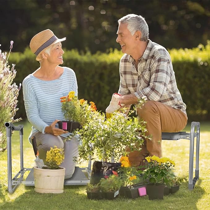 【New Upgraded】 Gardening Seat for Seniors,Foldable Garden Stool,Portable Garden Bench for Kneeling and Sitting,with Kneeling Pad,Tool Bag,Tool Pouch,Gifts for Gardeners
