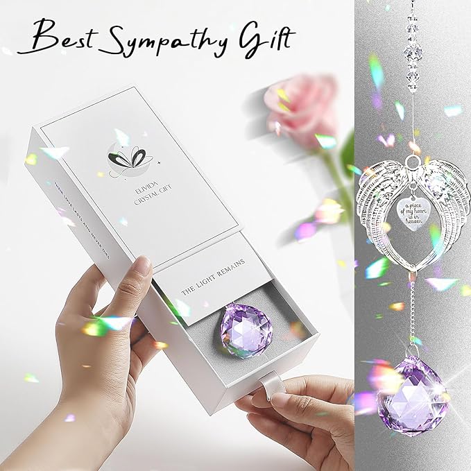 Sympathy Gift Modern Grief Gift for Lose of Loved Ones, Memorial Suncatcher with 40mm Crystal Ball, Sorry for Your Lose Rainbow Maker, Bereavement Gift Idea Angel Wings Design, Purple