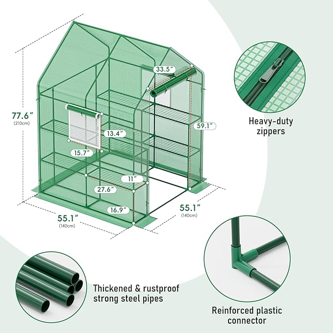 56×56×78Inch Walk-in Greenhouse, Heavy Duty Small Plant House with Thicken PE Cover and Steel Frame, for Garden, Outdoors, Indoors, Green