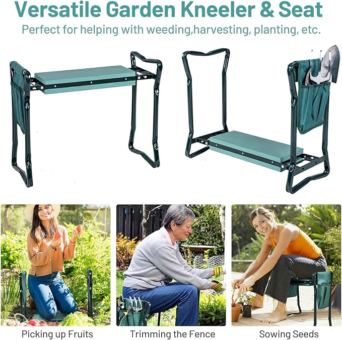 2-in-1 Garden Kneeler and Seat, Folding Garden Seat w/EVA Foam Kneeling Pad & Removable Tools Pouch, Sturdy Steel Frame, No Assembly, Portable Heavy Duty Garden Stool for Women Men Seniors