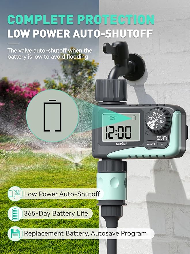 RAINPOINT Sprinkler Timer, Programmable Water Timer for Garden Hose, Outdoor Soaker Hose Timer with Rain Delay/Manual/Automatic Watering System, Digital Irrigation Timer for Yard, Lawn, 1 Outlet