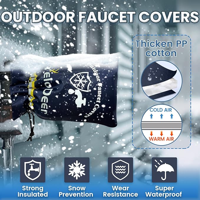 Outdoor Faucet Cover for Winter, Yelodeer 2 Packs 7.1"W X 10.7"H Upgraded Thicken Spigot Pipe Covers, Reusable Waterproof Oxford Faucet Sock, Hose Bib Covers for Winter Insulated Freeze Protection