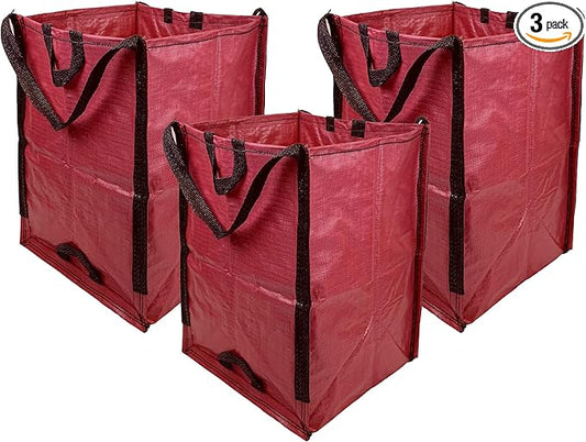 DURASACK Heavy Duty Home and Yard Waste Bag 48-Gallon Woven Polypropylene, Reusable Lawn and Leaf Garden Bag with Reinforced Carry Handles, Pop-Up Self-Standing Garbage Can, Red, Pack of 3