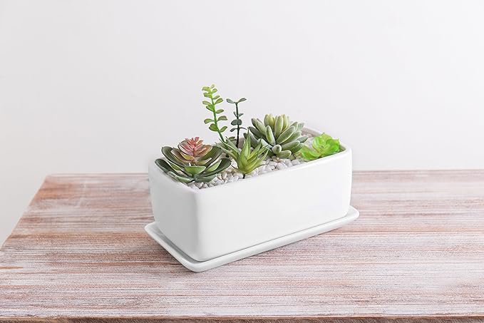 MyGift 14 Inch Modern Unglazed White Ceramic Indoor Plant Pot with Drainage Hole, Rectangular Succulent Planter Window Box with Removable Saucer, White (10 inch, 1, Piece)
