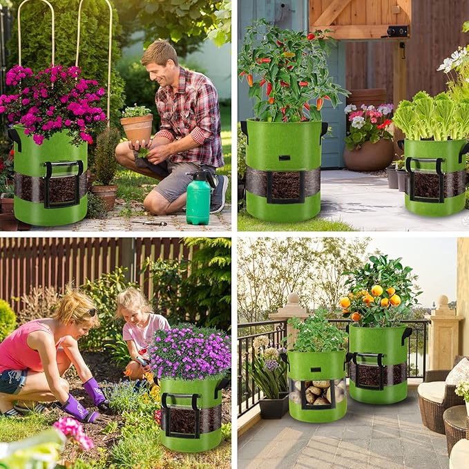 360 Degree Visible 3-Pacs10 Gallon Potato Grow Bags with Flap, Potatoes Growing Containers with Handles&Visible Space for Vegetables/Strawberry/Sweet Potato Used Outdoor and Indoor