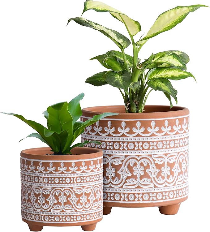 D'vine Dev Set of 2 Terracotta Planter Pots, 4.4 Inch & 6.4 Inch, Wave Pattern Plants Pot with Drainage Hole, Terracotta/White, 31-953-F-1