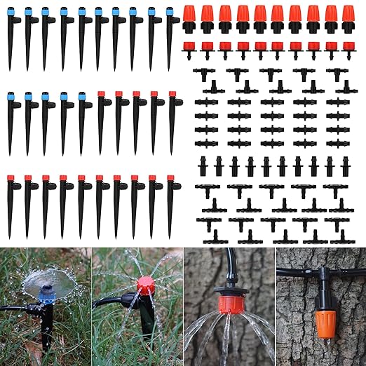 360 Degree Adjustable Drip Emitters, Mister Nozzles, Drippers, Sprayers, Barbed Connectors, Irrigation Components for 1/4" Tubing Garden Watering System, 110 PCS (Tubing Not Included)