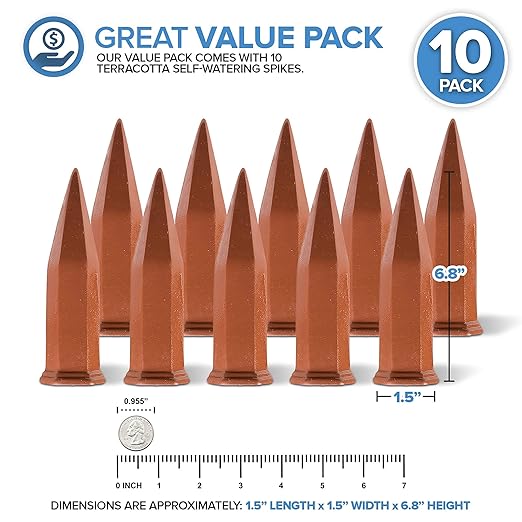 Modern Innovations Ceramic Terracotta Self Watering Spikes (10 Pack) Vacation Automatic Plant Waterer Devices, Indoor/Outdoor Planter Insert, Terra-Cotta Stakes for Potted Plants, Auto-Water System