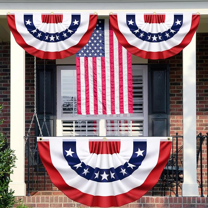 3x6 Ft 2 Pack American Pleated Fan Flag, Patriotic Half Fan Banner American Flag Decoration Bunting for Outside Red White and Blue Decor Independence Day Memorial Day 4th of july Decorations