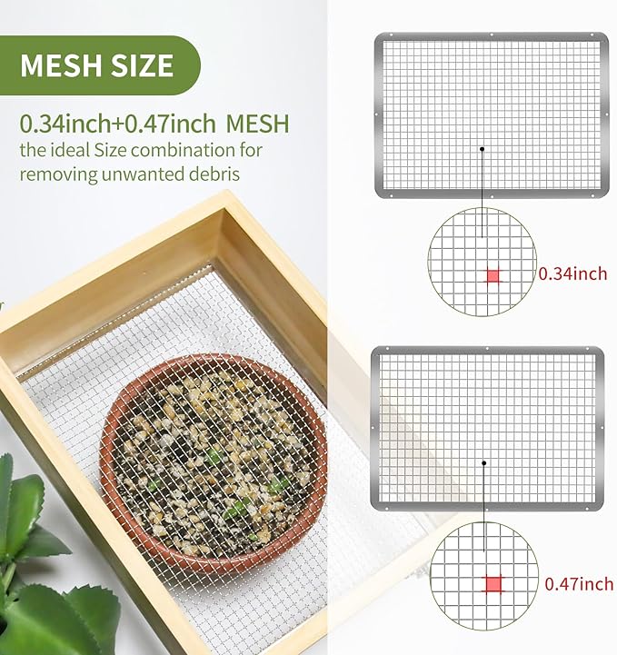 Wooden Soil Sifter for Gardening,13.7"x10.2" Rock Sifter with 2 Replaceable Mesh Screen (0.34"&0.47") Compost Sifter for Leaves, Rocks, Compost, Gravel, Soil