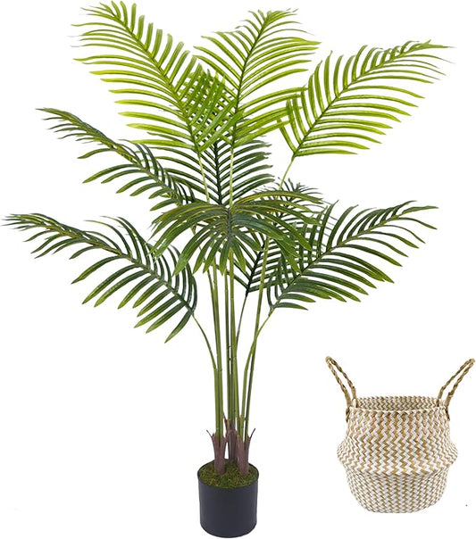 Artificial Palm Tree, 4ft Fake Areca Palm Plant with Basket, Tropical Faux Dypsis Lutescens Plants for Indoor Outdoor Home Office Shop Garden Décor