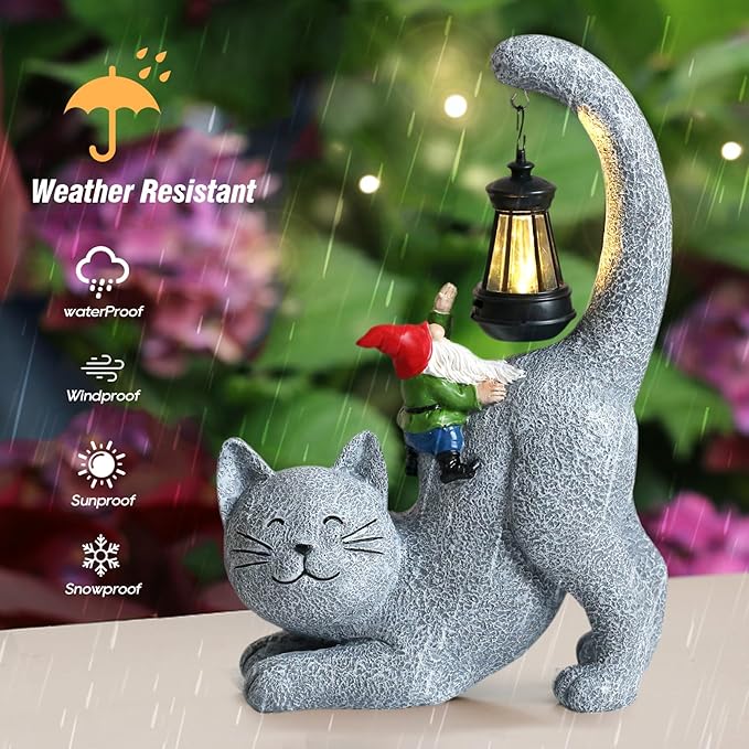 Cat Statue Garden Decor with Funny Gnome Figurine & Solar Lantern, Motherday Gifts for Mom,Birthday Gift for Women,Cat Statues for Garden,Patio,Yard Decoration, Gray, SR-C-003