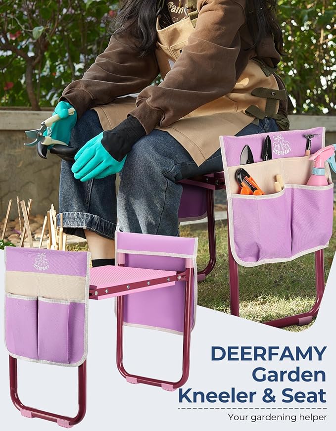 DEERFAMY Garden Stool 10.2" Width, Garden Kneeler and Seat Load Cap 350 lbs, Gardening Gift Heavy Duty with Extra Kneeling Pad, 2 Tool Pouches, Claw Gloves, Pink